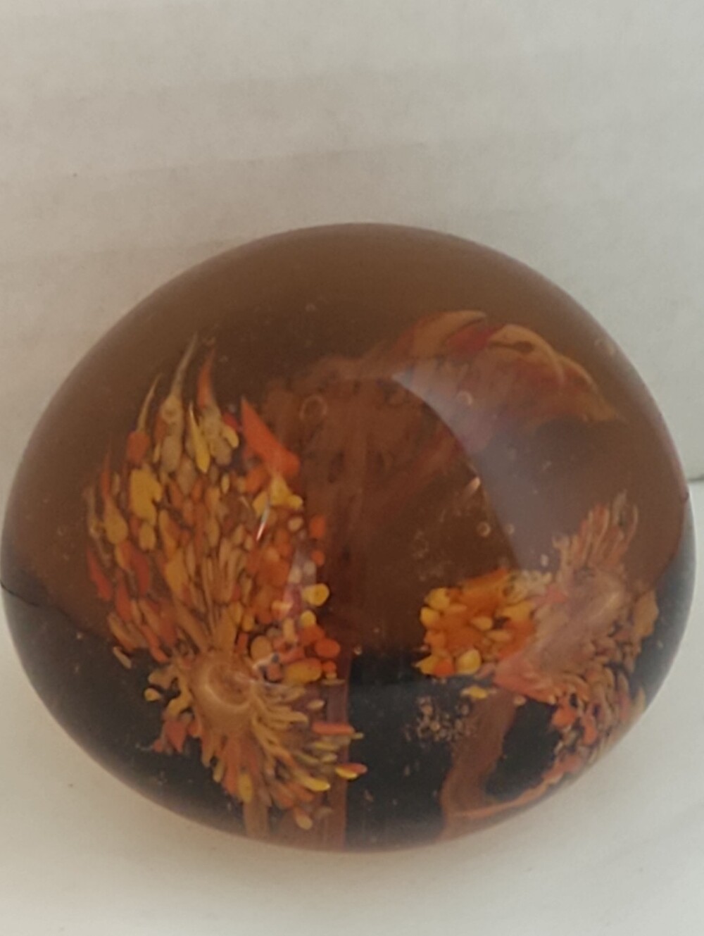 Vintage Art Glass Paperweight Controlled Bubbles Amber Feathered Plumage Design